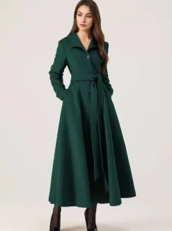Manteau long évasé en laine gris ceinturé pour femme vêtement d'extérieur d'hiver long pour femme 2026
