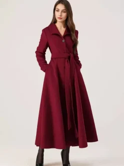 Manteau long évasé en laine gris ceinturé pour femme vêtement d'extérieur d'hiver long pour femme 2026