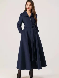 Manteau long évasé en laine gris ceinturé pour femme vêtement d'extérieur d'hiver long pour femme 2026