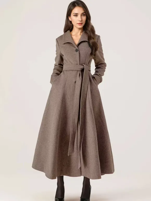 Manteau long évasé en laine gris ceinturé pour femme vêtement d'extérieur d'hiver long pour femme 2026