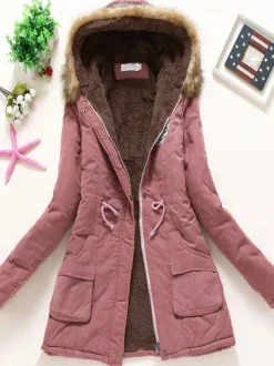Manteau Matelassé Femme à Capuche avec Manches Longues à Zip avec Poches Coupe Cintrée à Lacets Bicolores Manteau Femme