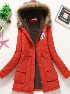 Manteau Matelassé Femme à Capuche avec Manches Longues à Zip avec Poches Coupe Cintrée à Lacets Bicolores Manteau Femme