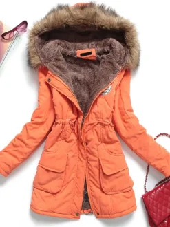 Manteau Matelassé Femme à Capuche avec Manches Longues à Zip avec Poches Coupe Cintrée à Lacets Bicolores Manteau Femme