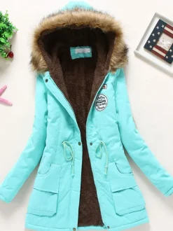 Manteau Matelassé Femme à Capuche avec Manches Longues à Zip avec Poches Coupe Cintrée à Lacets Bicolores Manteau Femme