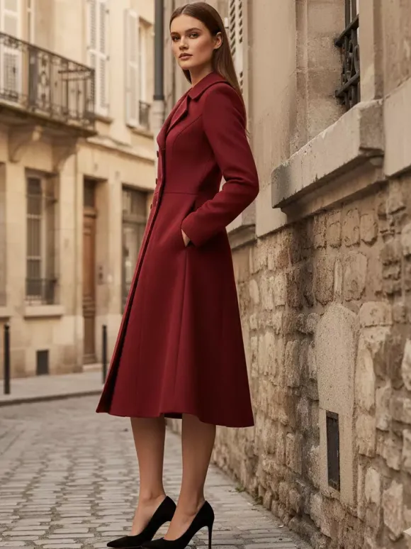 Manteau midi croisé en laine mélangée coupe trapèze évasée collection femme 2026