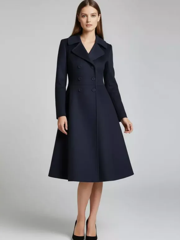 Manteau midi croisé en laine mélangée coupe trapèze évasée collection femme 2026