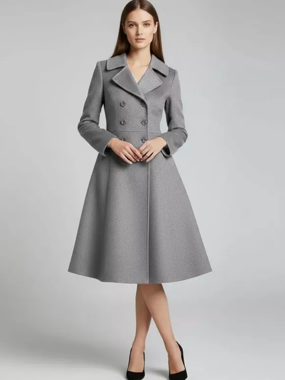 Manteau midi croisé en laine mélangée coupe trapèze évasée collection femme 2026