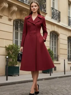 Manteau midi croisé en laine mélangée coupe trapèze évasée collection femme 2026