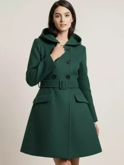 Manteau midi trapèze à capuche coupe croisée et ceinture pour femme 2026
