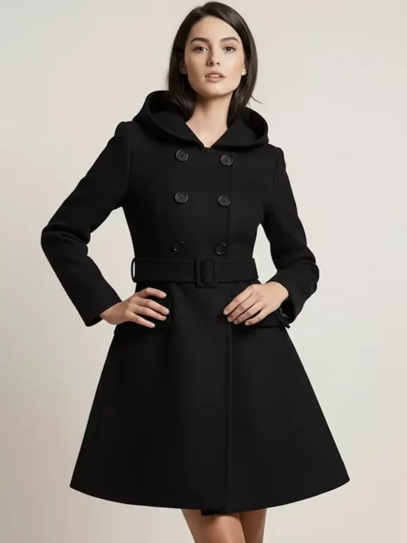 Manteau midi trapèze à capuche coupe croisée et ceinture pour femme 2026