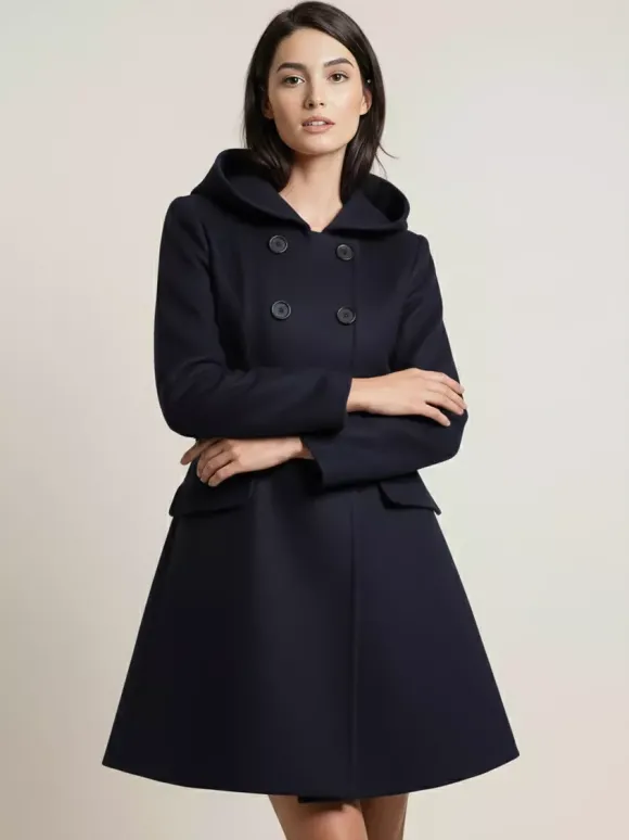 Manteau midi trapèze à capuche coupe croisée et ceinture pour femme 2026