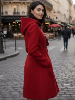 Manteau midi trapèze à capuche coupe croisée et ceinture pour femme 2026