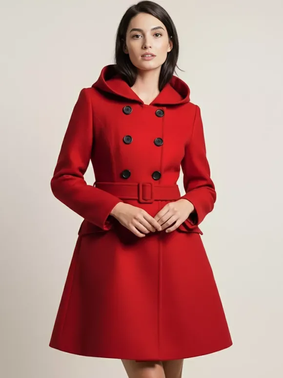 Manteau midi trapèze à capuche coupe croisée et ceinture pour femme 2026