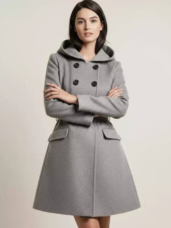 Manteau midi trapèze à capuche coupe croisée et ceinture pour femme 2026