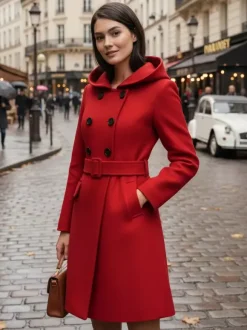 Manteau midi trapèze à capuche coupe croisée et ceinture pour femme 2026