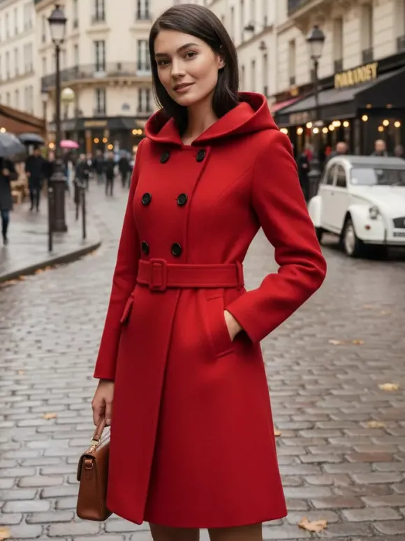 Manteau midi trapèze à capuche coupe croisée et ceinture pour femme 2026