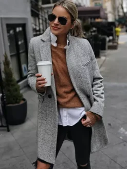 Manteau Mi-long Femme avec Manches Longues avec Poches Unicolore