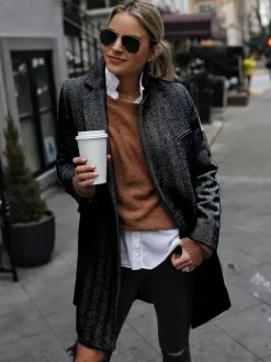 Manteau Mi-long Femme avec Manches Longues avec Poches Unicolore