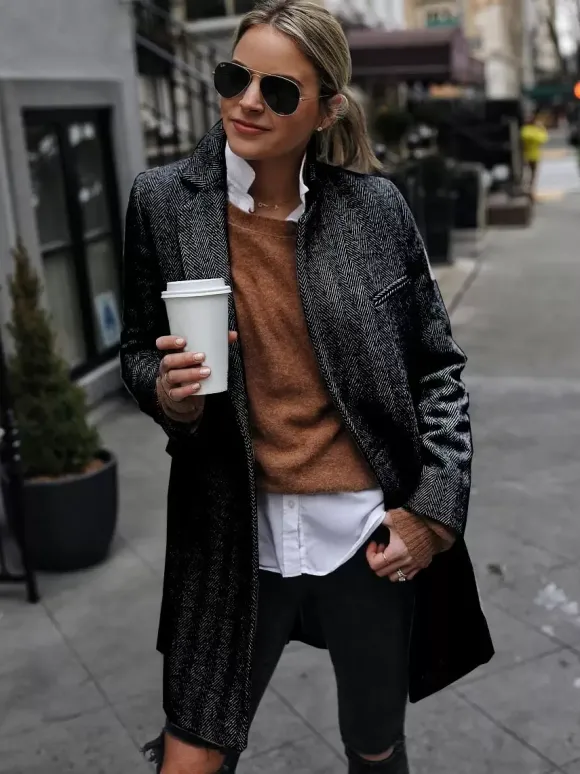 Manteau Mi-long Femme avec Manches Longues avec Poches Unicolore