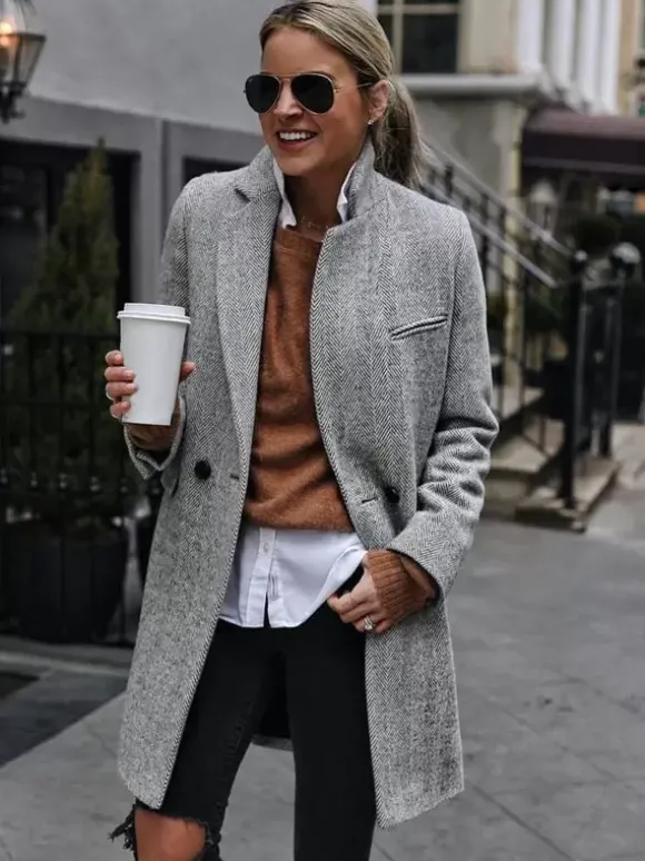 Manteau Mi-long Femme avec Manches Longues avec Poches Unicolore