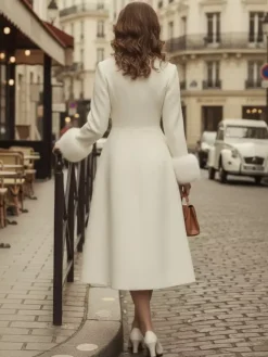Manteau mi-long évasé en laine coupe trapèze vintage avec poignets amovibles en fausse fourrure blanche (collection 2026)