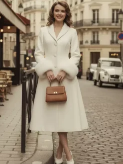 Manteau mi-long évasé en laine coupe trapèze vintage avec poignets amovibles en fausse fourrure blanche (collection 2026)