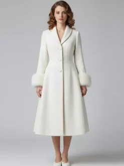 Manteau mi-long évasé en laine coupe trapèze vintage avec poignets amovibles en fausse fourrure blanche (collection 2026)