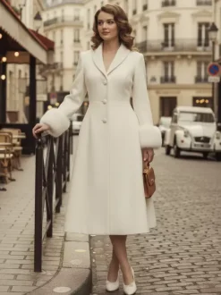 Manteau mi-long évasé en laine coupe trapèze vintage avec poignets amovibles en fausse fourrure blanche (collection 2026)