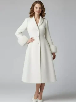 Manteau mi-long évasé en laine coupe trapèze vintage avec poignets amovibles en fausse fourrure blanche (collection 2026)