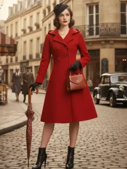 Manteau mi-long vintage en laine à capuche coupe trapèze et double boutonnage pour femme (collection 2026)