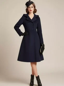 Manteau mi-long vintage en laine à capuche coupe trapèze et double boutonnage pour femme (collection 2026)