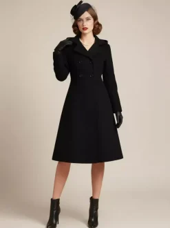 Manteau mi-long vintage en laine à capuche coupe trapèze et double boutonnage pour femme (collection 2026)