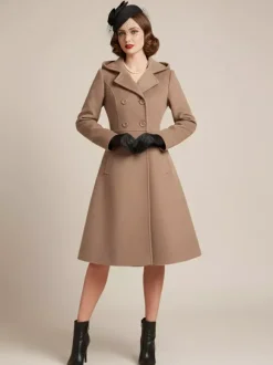 Manteau mi-long vintage en laine à capuche coupe trapèze et double boutonnage pour femme (collection 2026)