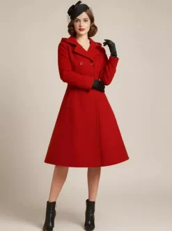 Manteau mi-long vintage en laine à capuche coupe trapèze et double boutonnage pour femme (collection 2026)