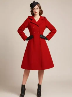Manteau mi-long vintage en laine à capuche coupe trapèze et double boutonnage pour femme (collection 2026)