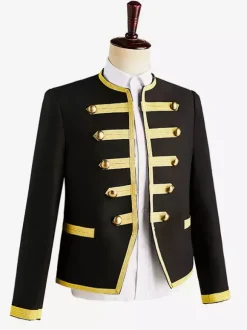 Manteau noir vintage à manches longues en polyester avec boutons de style européen et blocs de couleurs costumes rétro pour homme