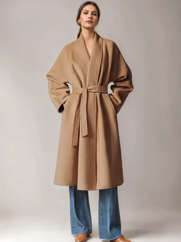Manteau portefeuille en laine et cachemire mélangés bordeaux pour femme élégant à revers ceinture double face vêtements d'extérieur d'hiver 2026