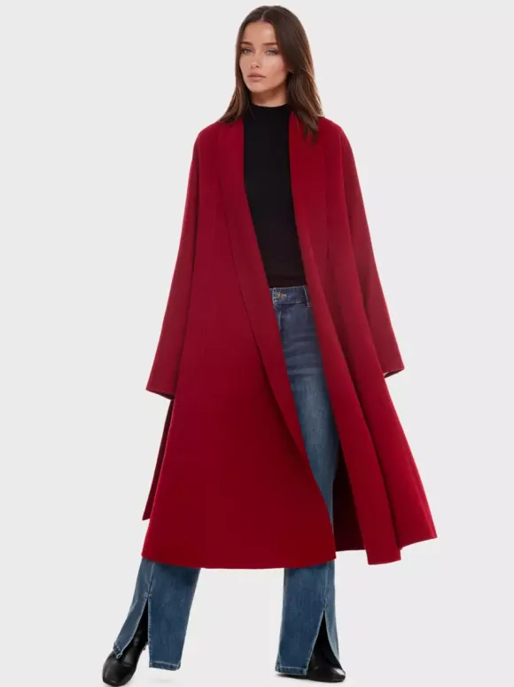 Manteau portefeuille en laine et cachemire mélangés bordeaux pour femme élégant à revers ceinture double face vêtements d'extérieur d'hiver 2026
