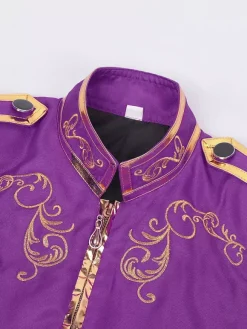 Manteau rétro steampunk violet pour homme col montant broderie fermeture éclair sur le devant manches longues style vintage