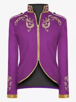 Manteau rétro steampunk violet pour homme col montant broderie fermeture éclair sur le devant manches longues style vintage