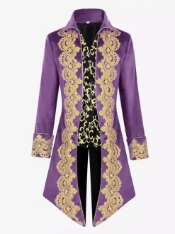 Manteau rétro vintage noir pour homme style steampunk broderies manches longues.