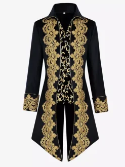 Manteau rétro vintage noir pour homme style steampunk broderies manches longues.