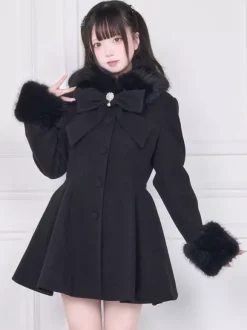 Manteau Sweet Lolita rose et noir à n艙uds pardessus à manches longues manteau d'automne Lolita