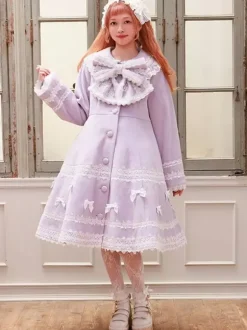 Manteau Sweet Lolita rose pâle et violet à n艙uds en dentelle manches longues manteau d'hiver Lolita