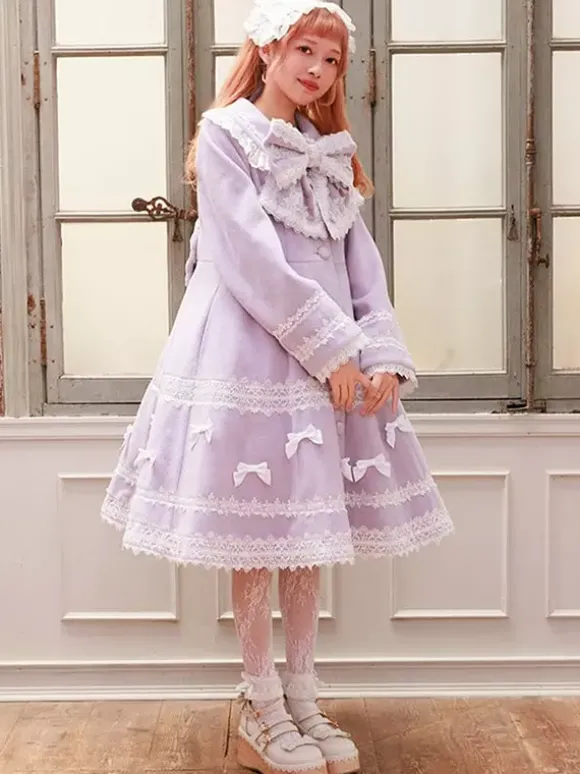 Manteau Sweet Lolita rose pâle et violet à n艙uds en dentelle manches longues manteau d'hiver Lolita