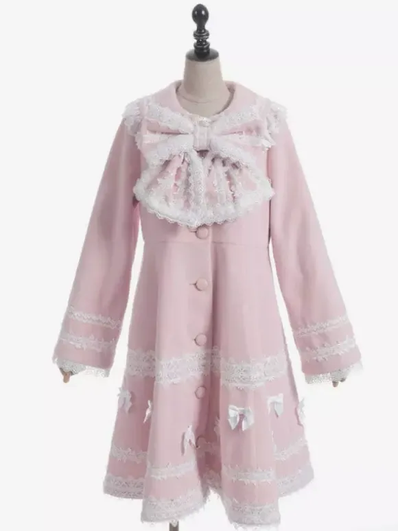 Manteau Sweet Lolita rose pâle et violet à n艙uds en dentelle manches longues manteau d'hiver Lolita