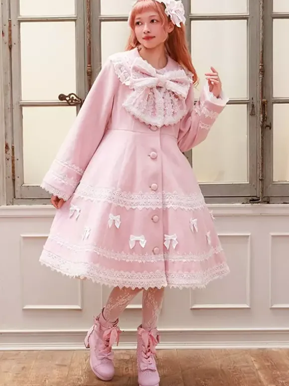 Manteau Sweet Lolita rose pâle et violet à n艙uds en dentelle manches longues manteau d'hiver Lolita