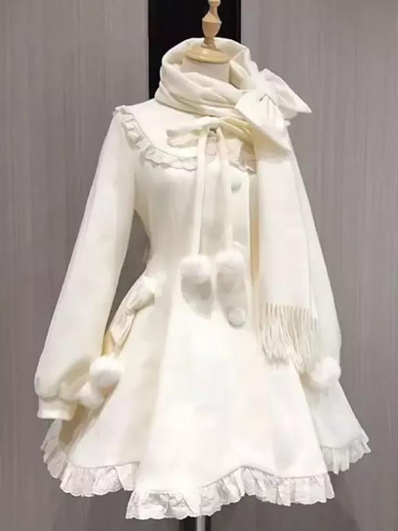Manteau Sweet Lolita rose à pompons pardessus manteau d'hiver Lolita avec écharpe