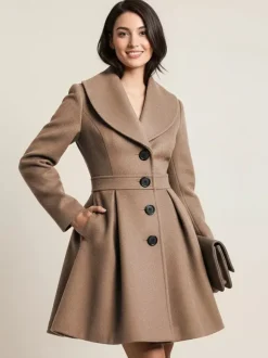 Manteau trapèze en laine mélangée avec col châle et boutons noirs pour femme 2026