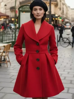 Manteau trapèze en laine mélangée avec col châle et boutons noirs pour femme 2026